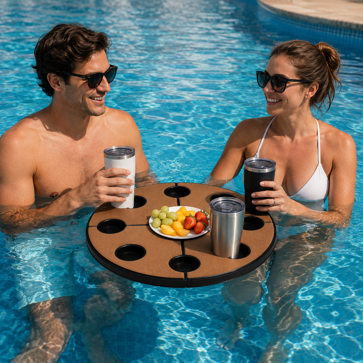 Couple enjoying drinks on the round floating table in the pool