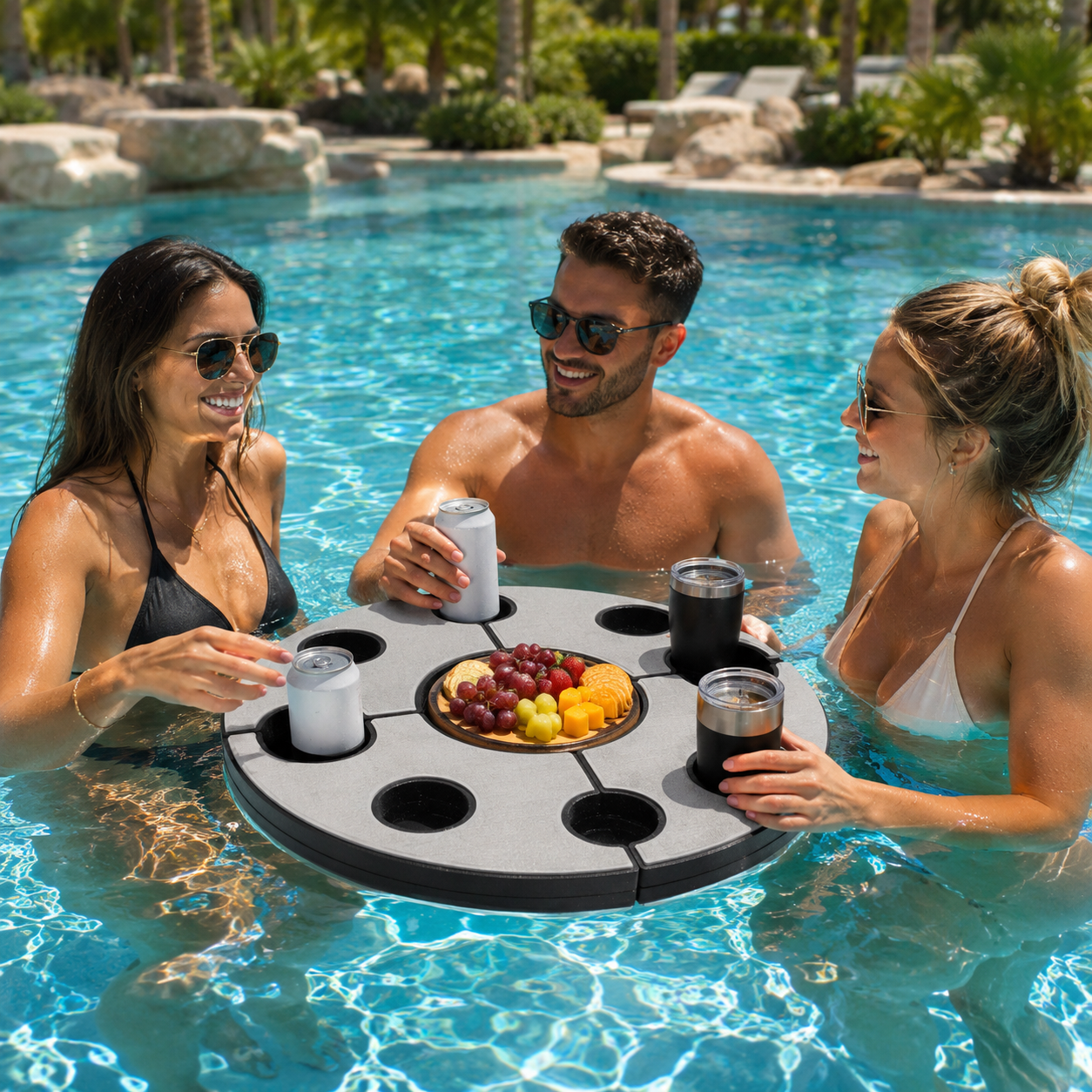 Friends around the round floating table in the pool