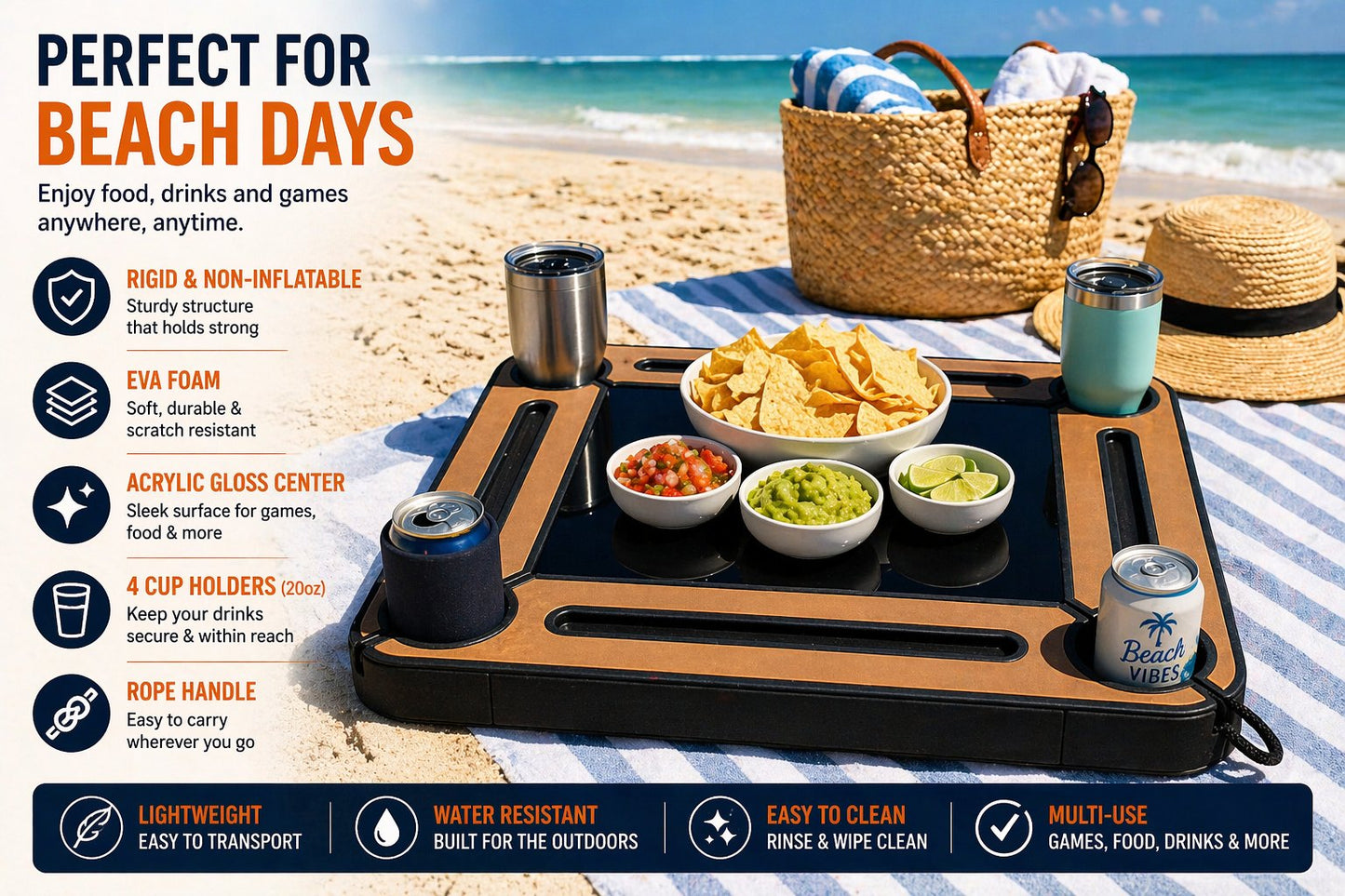 Perfect for beach days - features