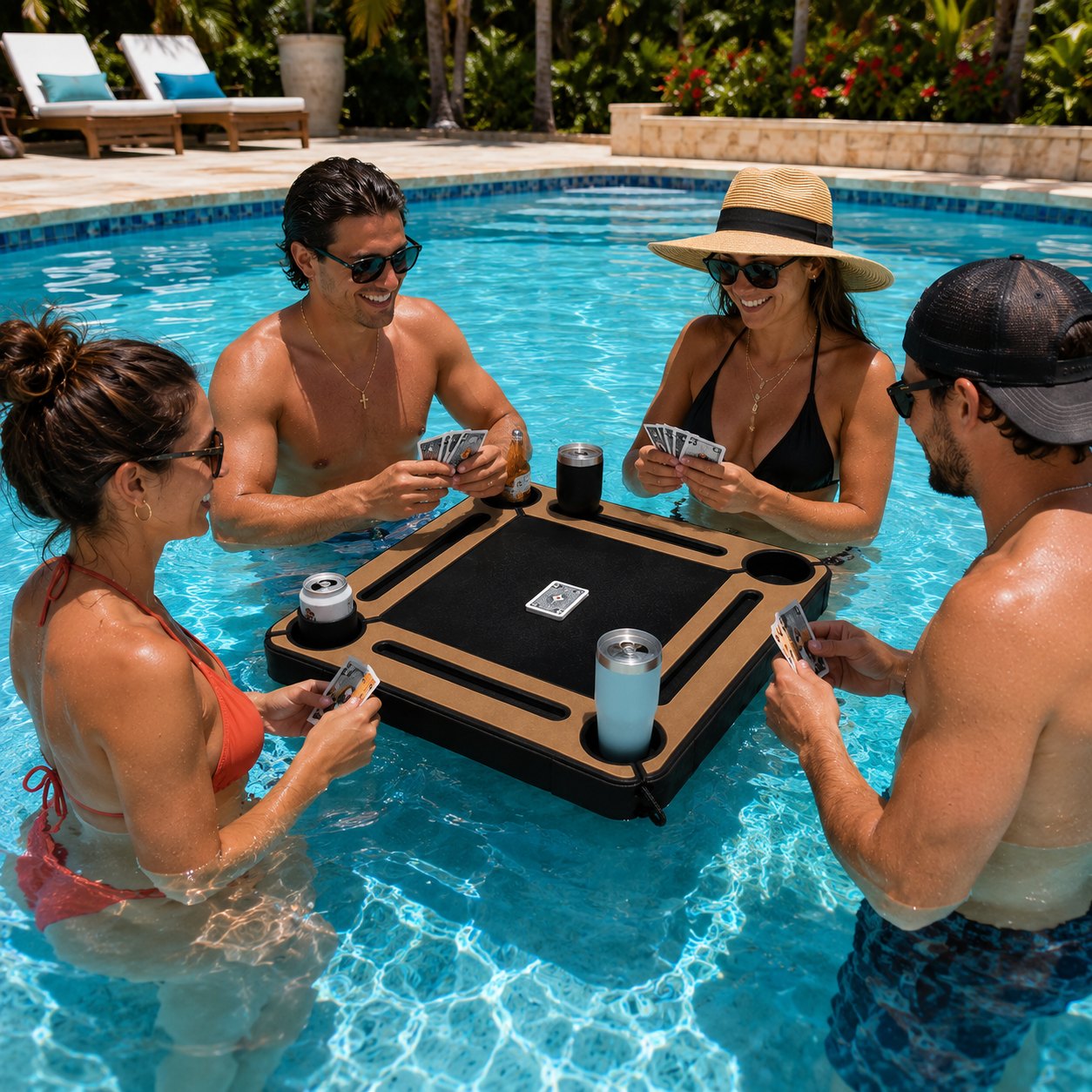 Floating table game in the pool