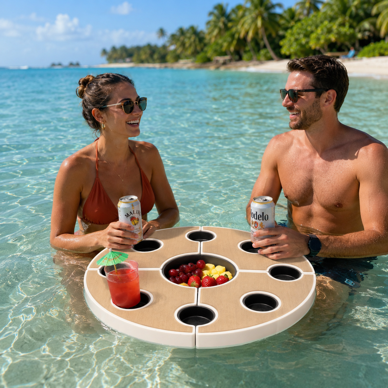 Snacks and drinks on the round floating table at the sandbar