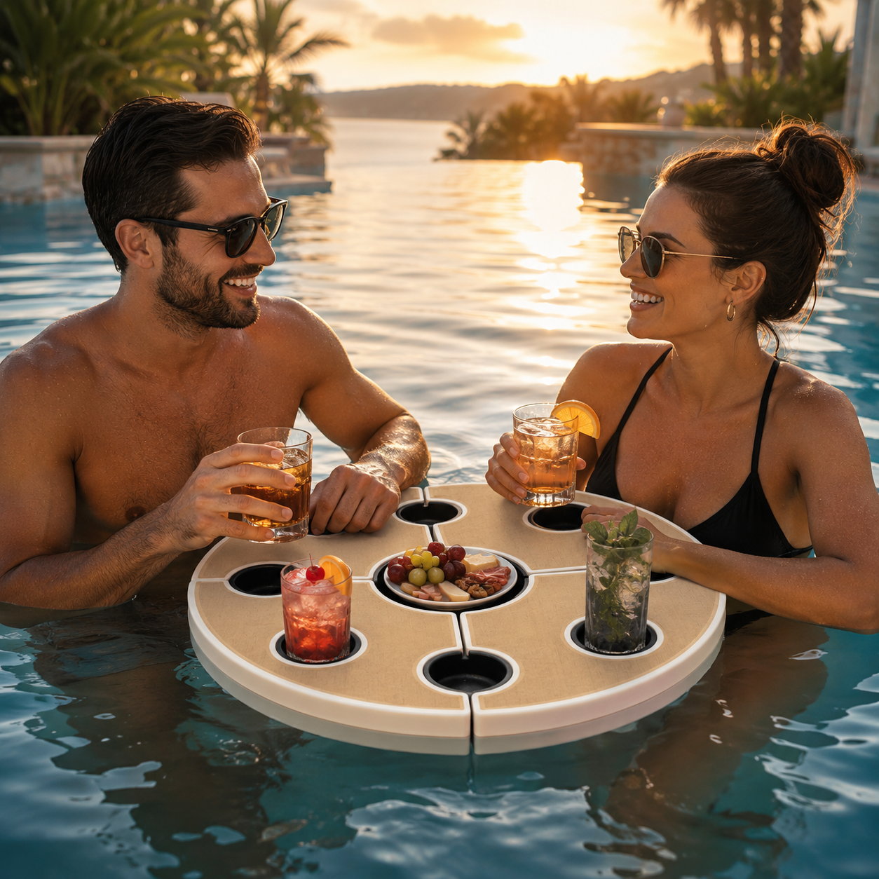 Round floating table at sunset