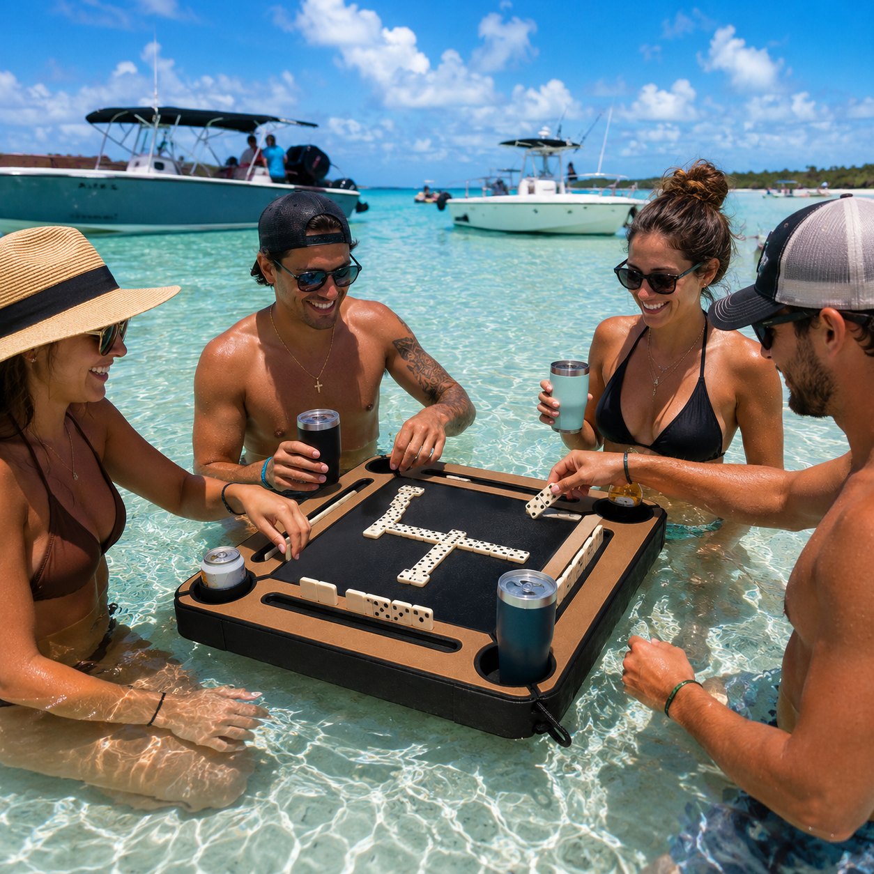 Playing dominoes on the sandbar at sunset